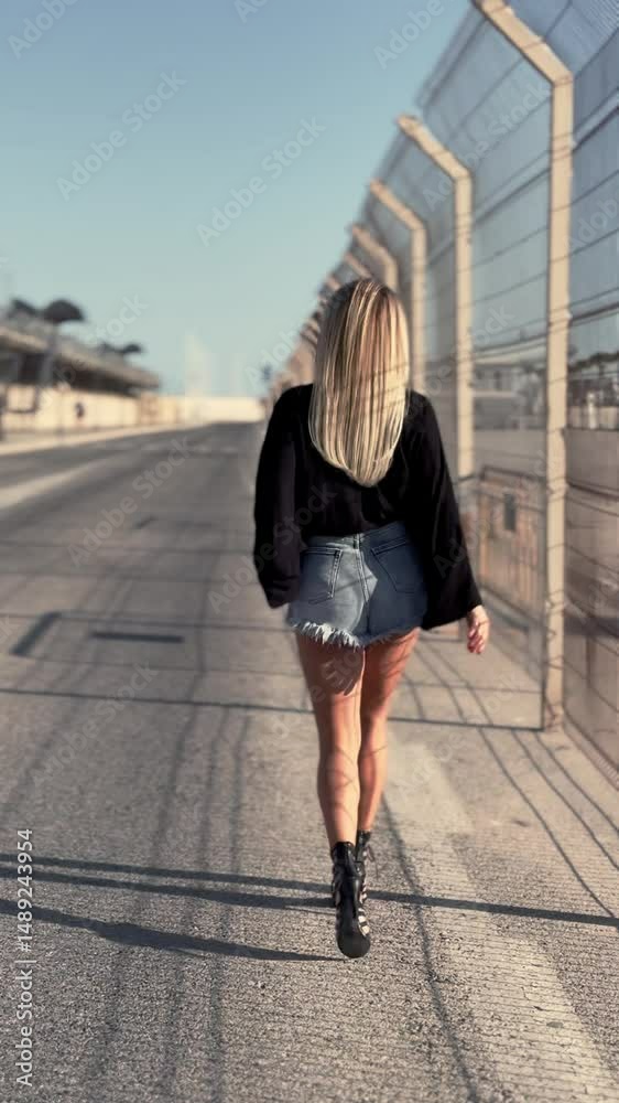 Young woman walking away along a fence on a hot summer day, back view. Urban heat, long shadows, and golden sunlight create a nostalgic and cinematic atmosphere. Casual summer outfit, slow steps, empt Young woman walking away along a fence on a hot summer day, back view. Urban heat, long shadows, and golden sunlight create a nostalgic and cinematic atmosphere. Casual summer outfit, slow steps, empt