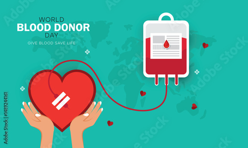 World blood donor day banner. blood bag is flowing into a heart hand is holding