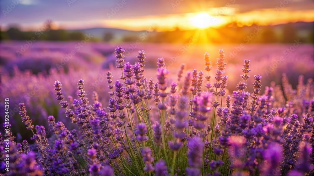 Fototapeta premium Dense field of purple lavender flowers with soft golden light in a serene landscape, yellow, lavender field, yellow