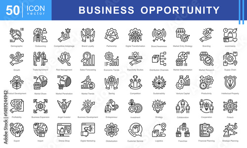 Business Opportunity icon set featuring icons for investment, market research, branding, sales strategy, and digital transformation. Ideal for startups, business planning, and entrepreneurial growth.