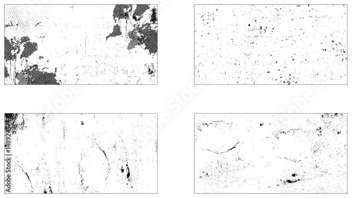 Grunge material monochrome set textures with dirty old surfaces with scratches, Set of vector paint brush stroke, ink splash and grungy decoration elements for social media.
