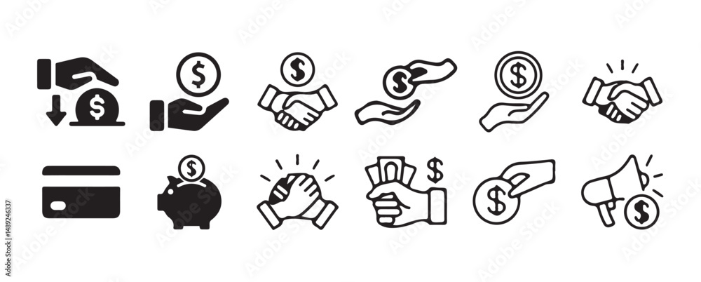 Fototapeta premium Hand with dollar coin.savings, loan, cash, earning, income, currency, dollar, coin, revenue, and profit icon set. Finance business thin line icon collection. vector illustration eps 10.