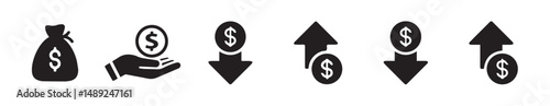 Finance and Money Transfer Icons Hand with Cash, Dollar Up & Down Symbols.vector illustration eps 10.