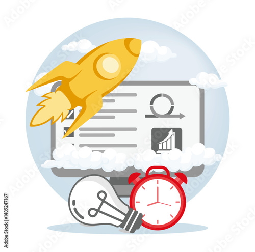 Rocket Launch with Business closure Concepts and Productivity Symbols.