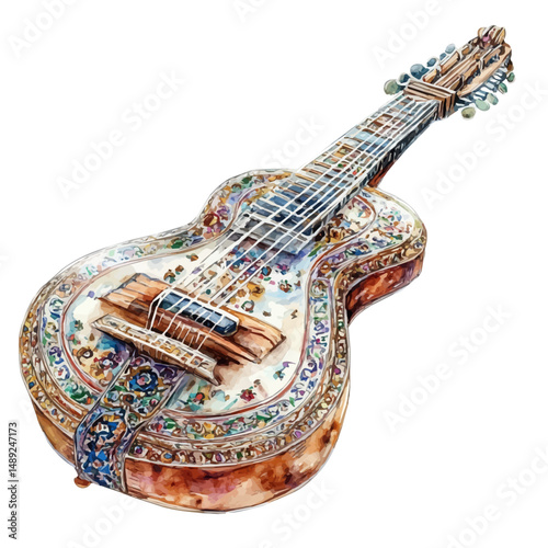 Sitar With Intricate Carvings, watercolor vector, high quality, isolated on a white background.