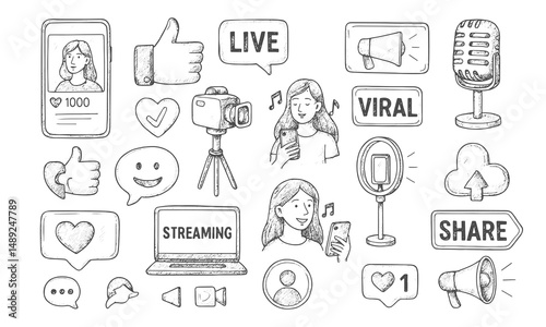 A hand-drawn set of social media and streaming icons, including likes, shares, viral symbols, and live streaming graphics, perfect for representing digital media, influencers, and online content