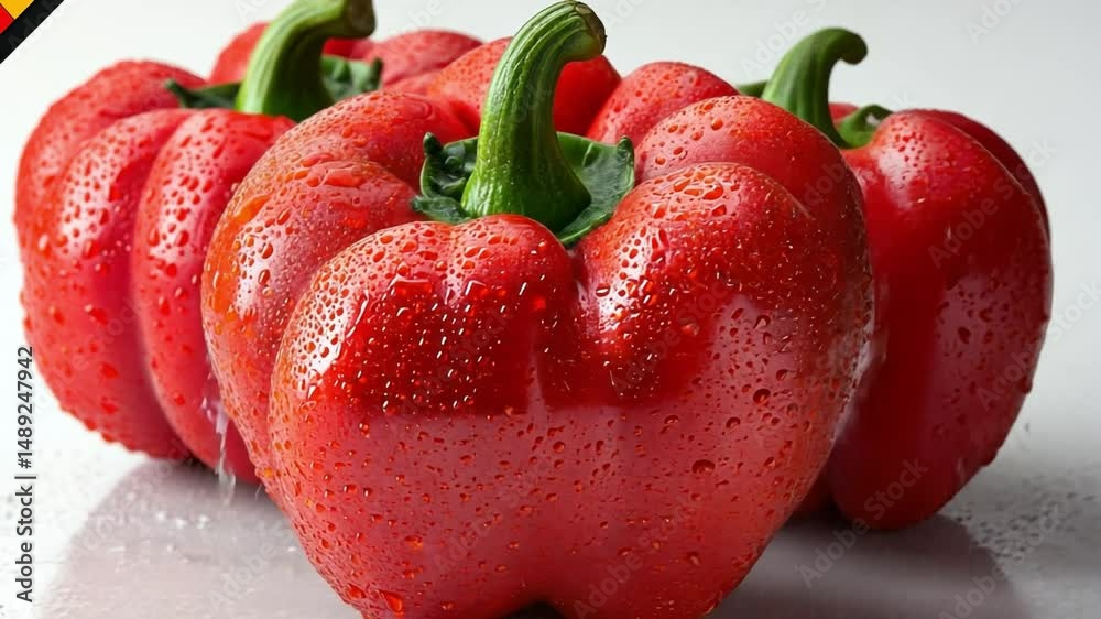 Crimson Bell Peppers: A vibrant cluster of glossy red bell peppers, each glistening with droplets, a testament to freshness and flavor.