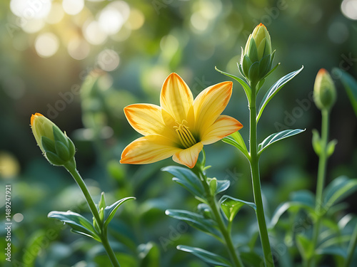 Beautiful vibrant yellow flower with orange edges and surrounding buds in soft sunlight