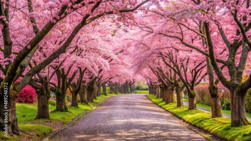 Cherry Blossom Road with Pink Flowers, Japanese garden, pink petals