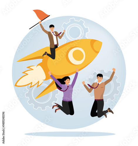 Project closure concept. Team Celebrating Successful Business Launch With Rocket.