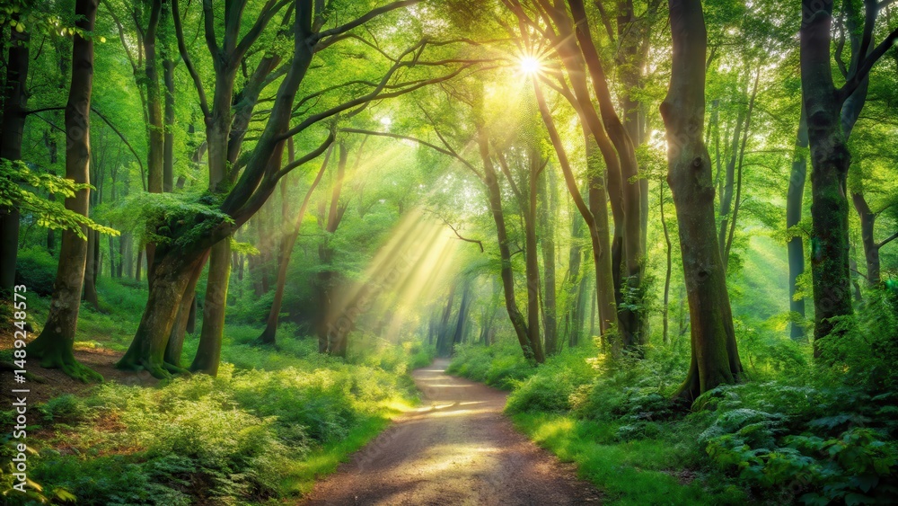 Obraz premium Serene forest trail winding through dense foliage and towering trees with sunlight filtering through the canopy above, forest, greenery