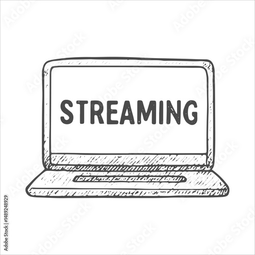 A hand-drawn laptop with the word "STREAMING" on the screen, symbolizing live streaming, content creation, and digital media, commonly used by influencers and online broadcasters