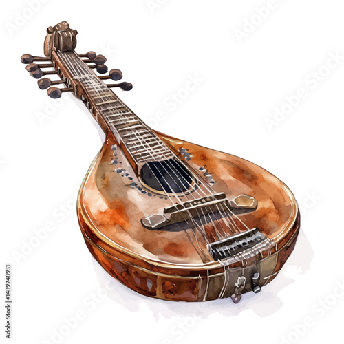 Sitar With A Large Resonator, watercolor clipart vector, high quality, isolated on a white background.