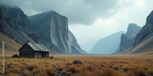 Secluded Wooden Cabin Nestled in a Vast, Serene Mountain Valley Landscape Under a Cloudy Sky