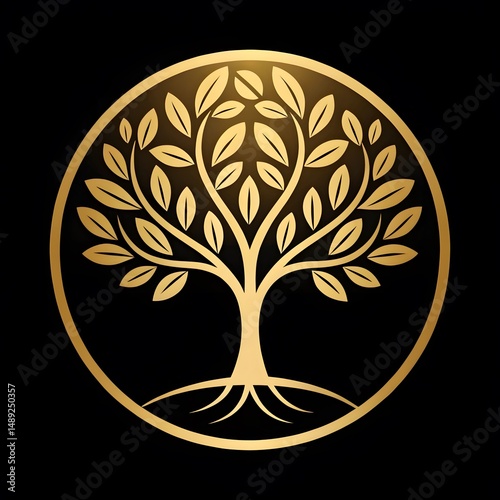 “Elegant golden tree of life emblem with roots and leaves inside a circular frame on a black background.”