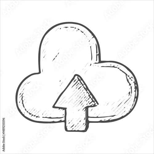 Hand-drawn cloud with an upward arrow, symbolizing cloud uploading for streaming, content sharing, and digital storage. Sketch-style design for online media, backups, and live broadcasts