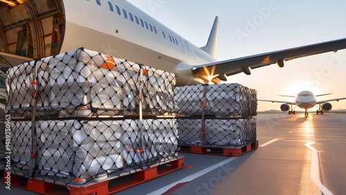 Air Freight Pallets on Airport Tarmac at Sunrise