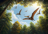 Prehistoric flying reptiles in forest canopy