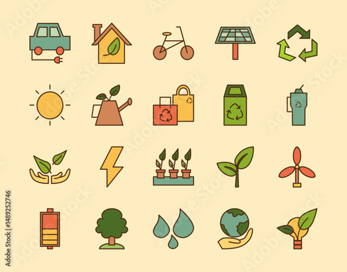 Flat eco lifestyle icon set in minimalist cartoon style with green energy and sustainability elements