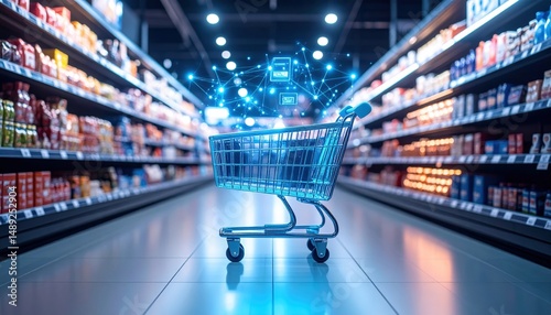 Shopping cart in a modern supermarket aisle with digital overlays, showcasing products and technology