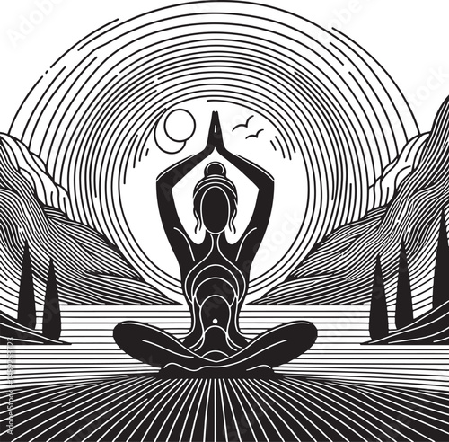 Lines art Yoga in the lotus position. Black and white vector illustration..eps