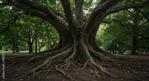 Large Photorealistic Tree with Many Roots and Green Foliage