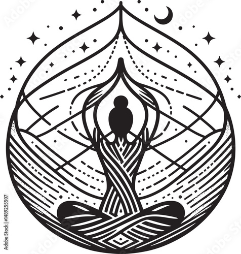 magic Yoga in the lotus position. Monochrome vector illustration..eps