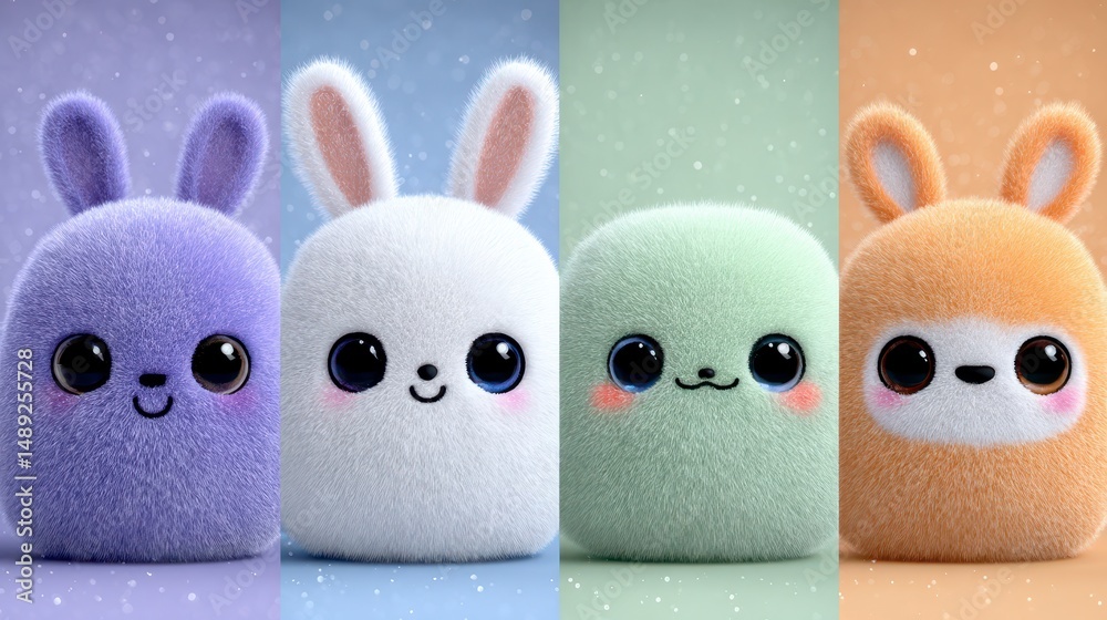 Obraz premium Adorable Fluffy Bunny Rabbits Cute Cartoon Animal Emojis Kids Soft Toy Pastel Color