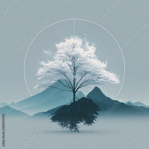 Serene landscape of ethereal tree standing against a backdrop of hazy mountains