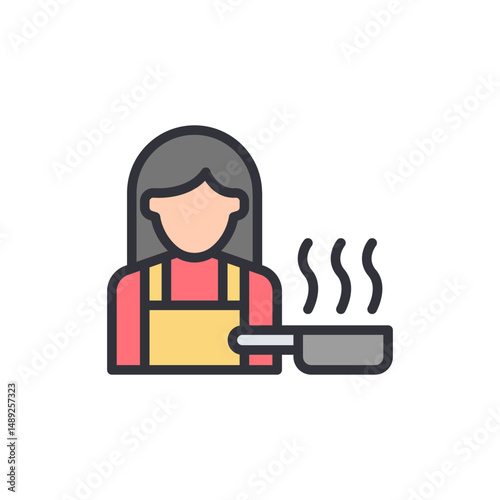 Flat Design Illustration Of A Woman Cooking With A Pan