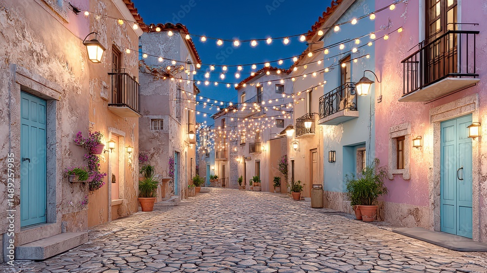 Fototapeta premium Charming Sunset Village Street Cobblestone Lane Fairy Lights Mediterranean Architecture