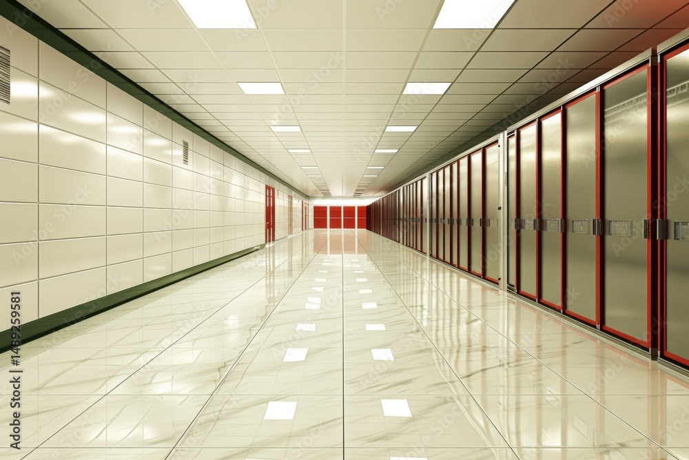 Fototapeta premium A modern, brightly lit data center hallway with shiny floors and rows of server racks.