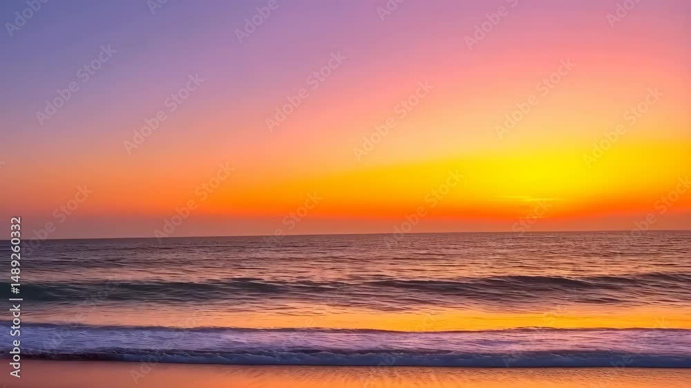 Ocean waves gently rolling onto a sandy beach at vibrant sunset with colorful sky Ocean waves gently rolling onto a sandy beach at vibrant sunset with colorful sky
