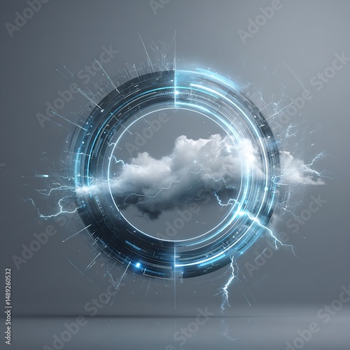 Conceptual vortex with ethereal cloud core emits electric arcs and radiant glow