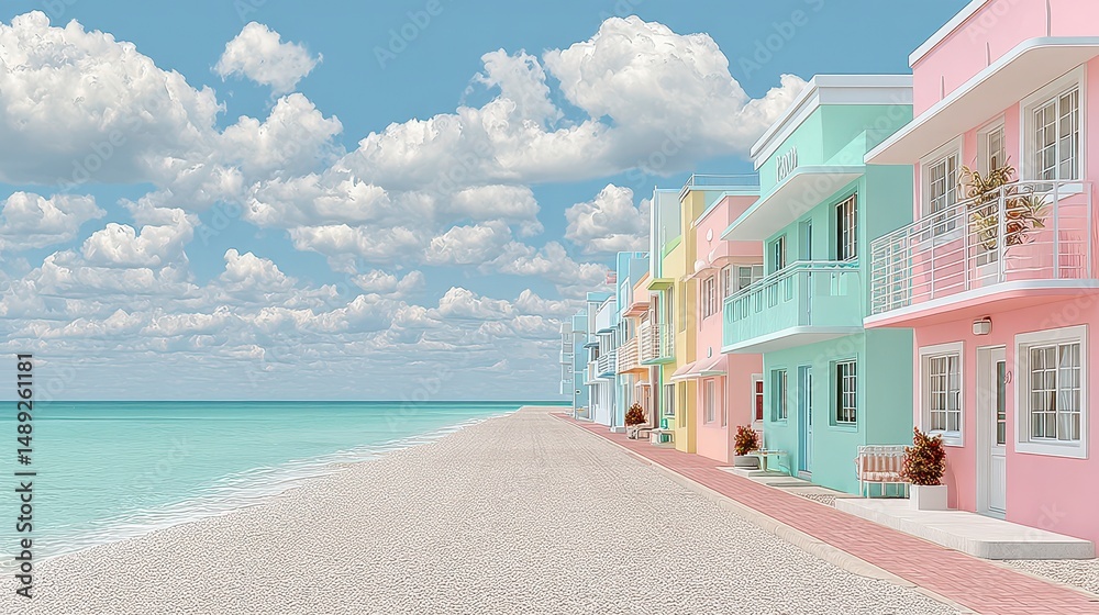Obraz premium Pastel Beach Houses Oceanfront Miami Art Deco Style Dreamy Coastal Scene