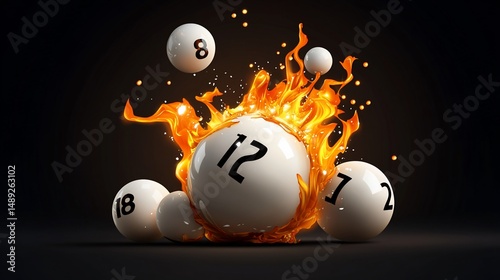 Lottery balls with numbers amidst fiery effects, and a dark background