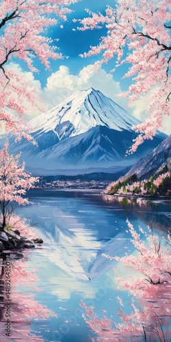 Fuji with lake, cherry blossoms, and spring.