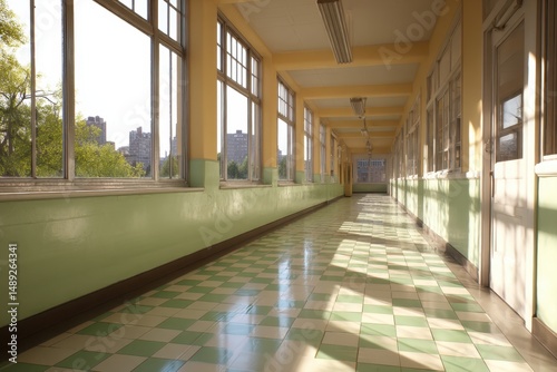 Wallpaper Mural Hallway perspective with checkerboard floor and windows Torontodigital.ca