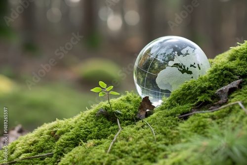 Environmental concept - Crystal globe on green moss in forest to protect nature. Eco-friendly esg conservation care for the earth for sustainability keep the earth clean and ecology. Earth Day