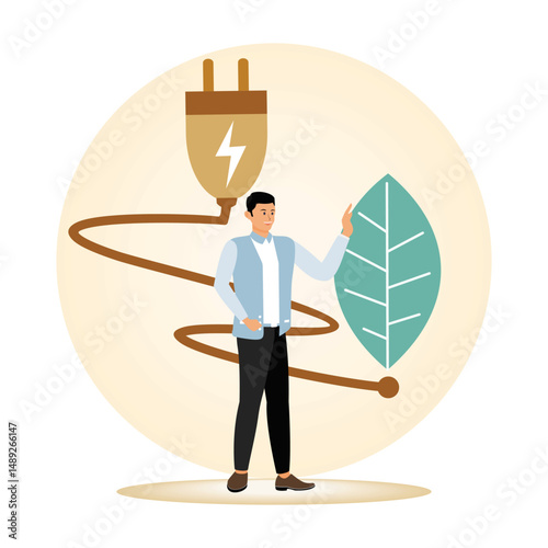 Green electricity concept Featuring Plug, Leaf, and Person.