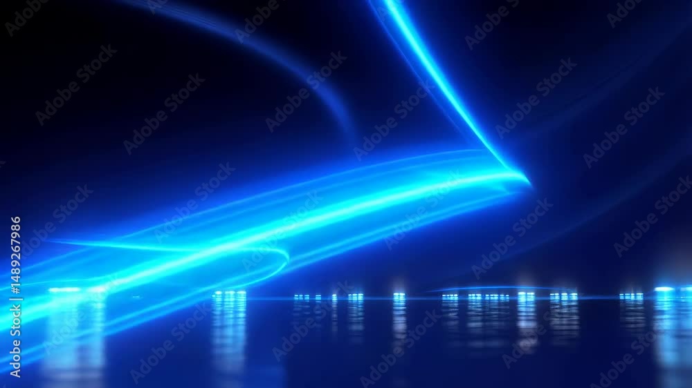 Abstract blue light streaks form flowing patterns over reflective surface with scattered light pillars, creating a futuristic atmosphere.