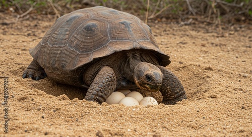 A turtle gently burying eggs in a sandy nest as a form of investment