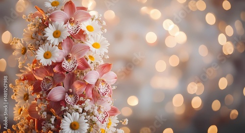 Romantic wedding table centerpiece featuring tall orchids and daisies arrangement with soft bokeh lighting.