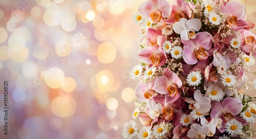 Sophisticated wedding table floral centerpiece with orchids and daisies in a tall vertical arrangement, romantic lighting.