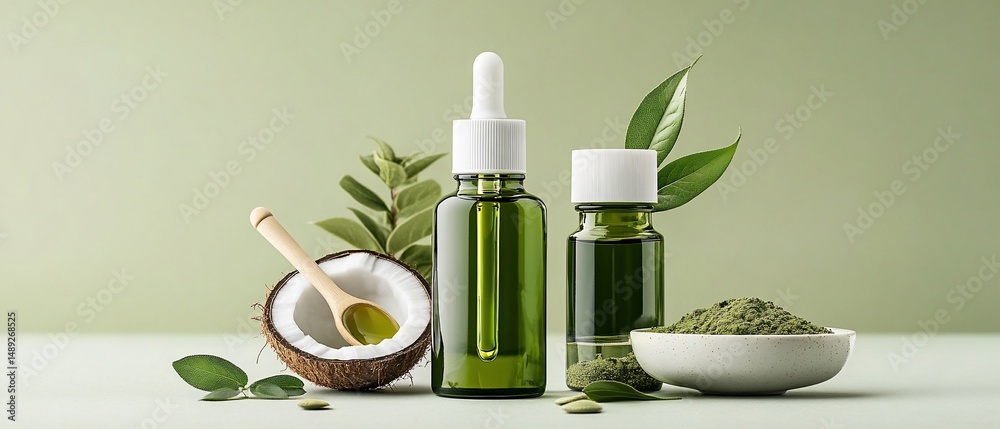 Natural remedies oil bottles, coconut, herbs, on a green background Natural remedies oil bottles, coconut, herbs, on a green background