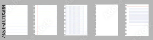Set of vector realistic illustrations of a torn sheet of paper from a workbook with shadow, isolated