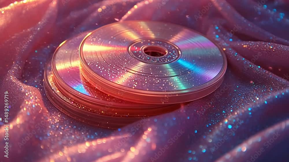 CDs's radiant moment: A stack of optical discs reflects light on a dreamy pink background, their surfaces glistening like miniature rainbows.