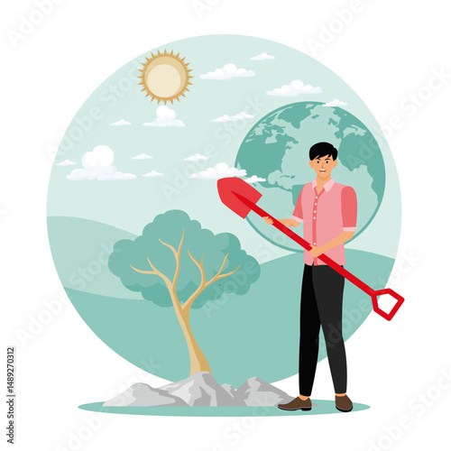 Save the Earth concept. Man Planting Trees with a Shovel Against a Nature and Globe Background.