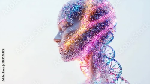 Genetic Abstract: A visionary fusion of art and science. The artwork depicts the human head formed with colorful particles of DNA, symbolizing innovation and scientific discovery.
