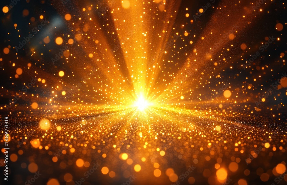 Obraz premium Bright golden light burst with glowing particles and bokeh effect creating a radiant and sparkling energy scene
